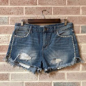 FREE PEOPLE Cutoff Denim Shorts, Distressed w/ Lace Pockets & Linings - SIZE 28